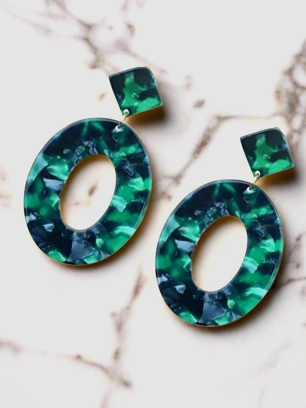 Zinnia Abstracts Geometric Statement Dangle Earrings Open Oval Forest Green - Picture 3 of 6